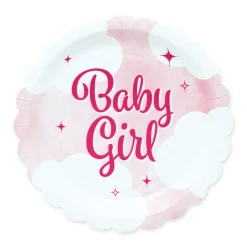 Formede Paptallerkener “Baby Girl” (8 stk – 19 cm) – Lyserød Bodysuit-design